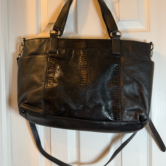 Michael Kors Black Leather Python Tote / Bag / Crossbody with Silver Hardware - Picture 6 of 16